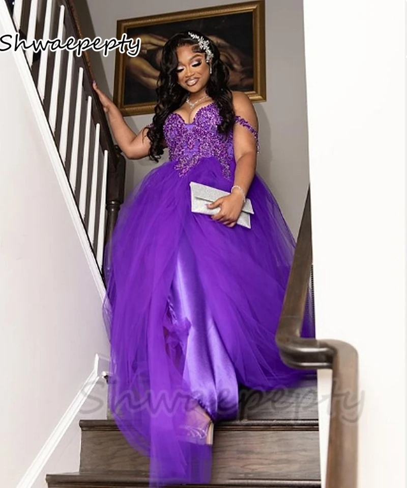 Straps Off Shoulder Royal Purple Evening Dresses With Side Slit Crystals Beads Lace Long Tulle A-Line Prom Wedding Party Gowns