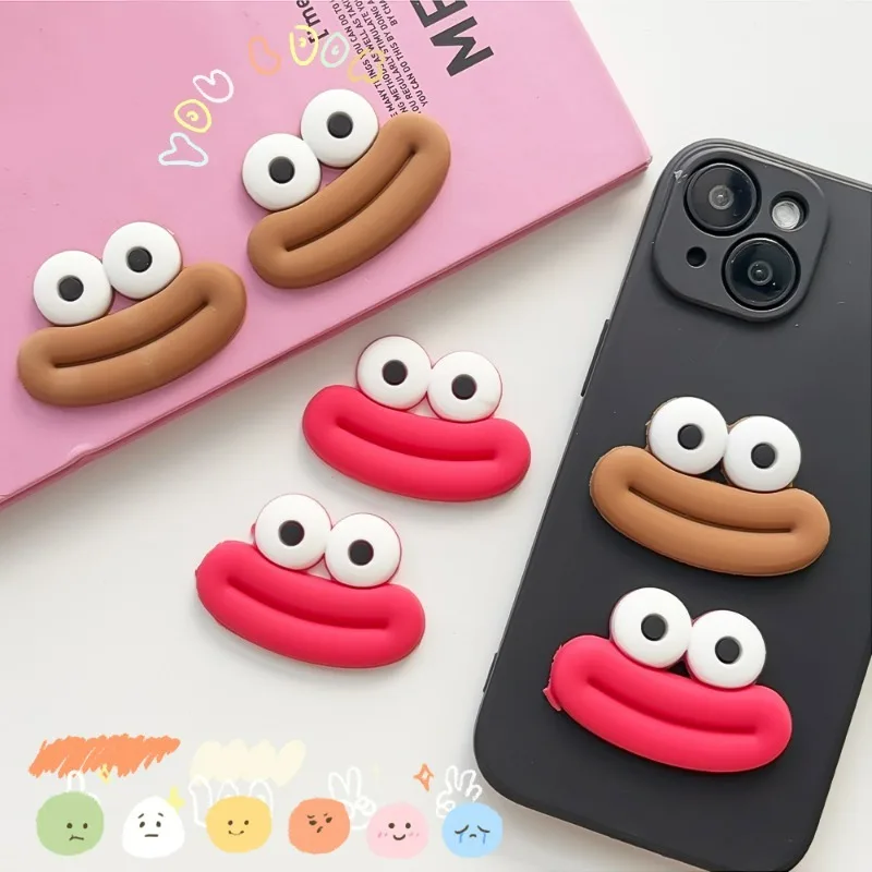 3PCS Cute Cartoon Eyes Mouth Mobile Phone Back Sticker Three-dimensional Funny Mouth Flat Back Soft Glue Cell Phone Accessory