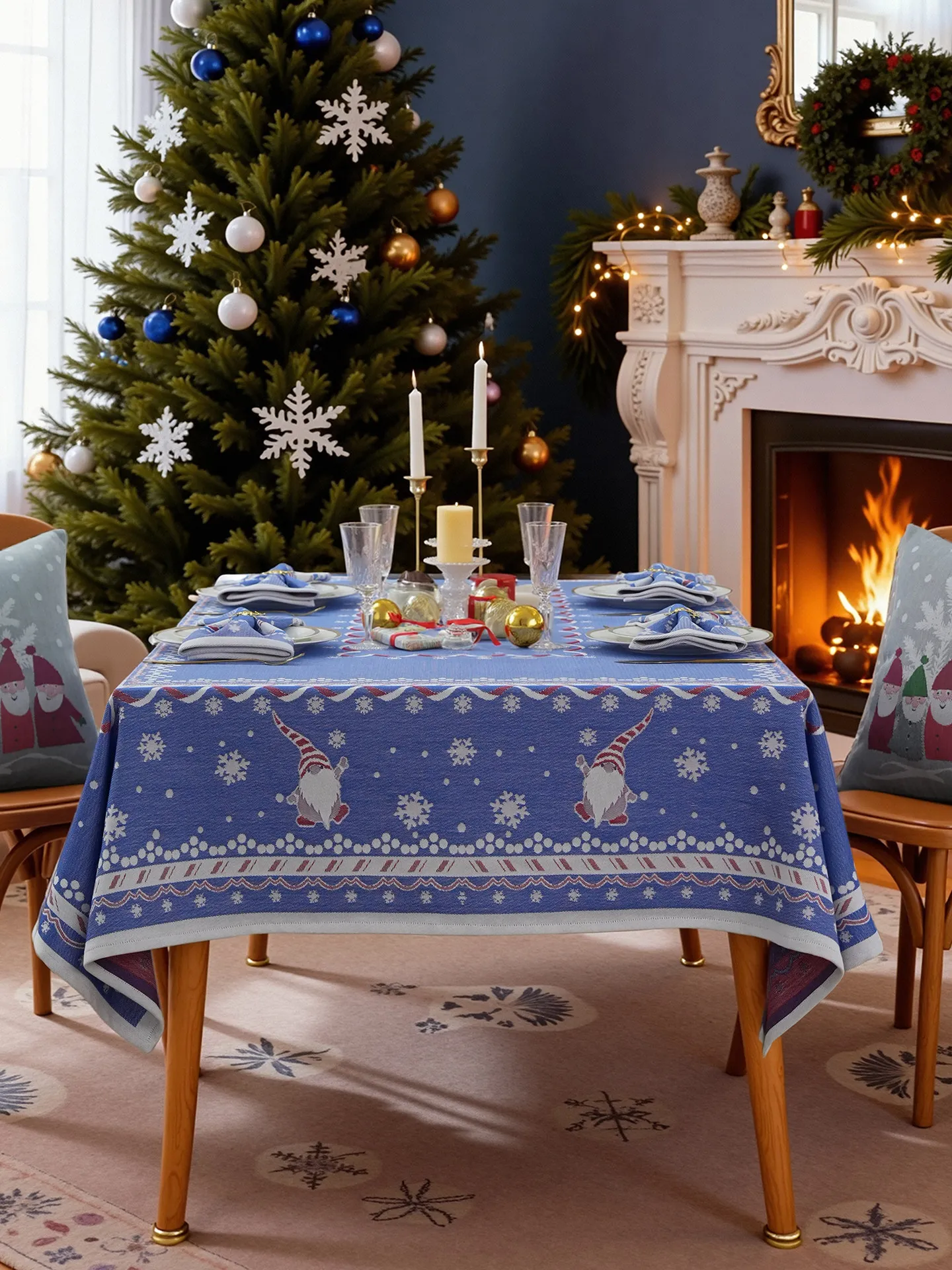 Luxury Christmas Gnome 100% Cotton Festive Snowflake Tablecloth Rectangle Xmas Table Cover New Year Home Decor Table Cloth