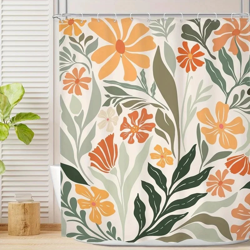 VIKAMA Abstract Botanical Shower Curtain Mid Century Modern Orange Flower and Foliage Pattern Fabric Bathroom Partition Curtain
