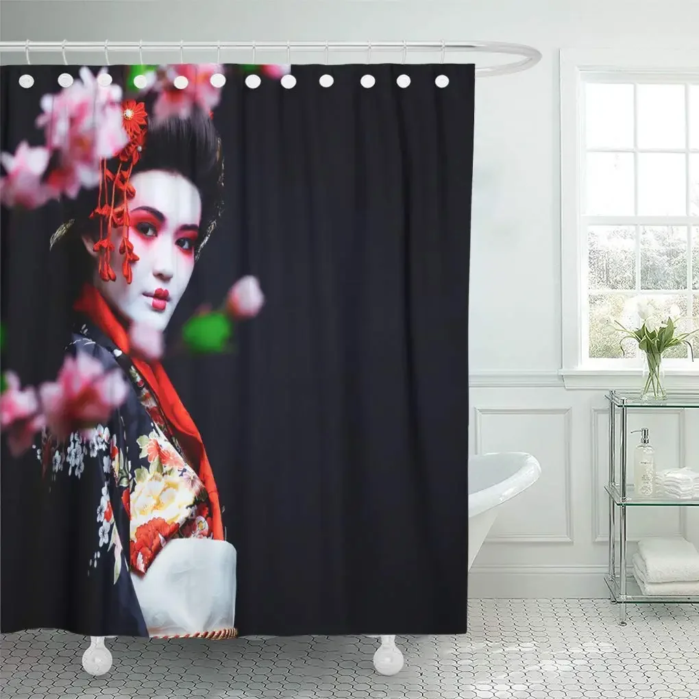 Black Accessories Young Pretty Geisha in Kimono Pink Asia Shower Curtains