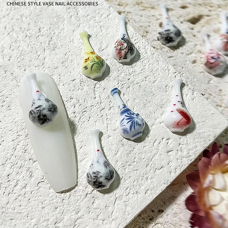10pcs Chinese Style Flower Vase Nail Charms Manicure Decoration Material Multi Style Nail Art Design DIY Hand Makeup Accessory