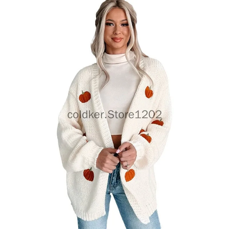 

Autumn and Winter Halloween Pumpkin Print Open Front Loose Knitwear Knitted Long Cardigan Sweater Women