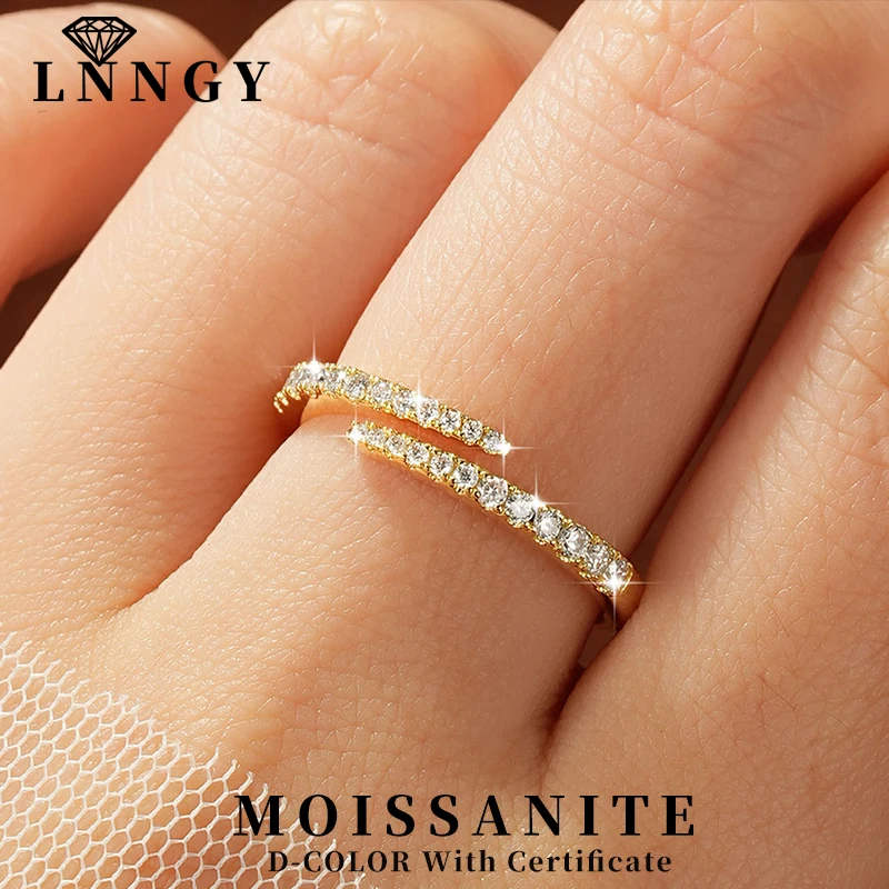 Lnngy Certified Moissanite Opening Ring for Women Girls Sparkling Lab Diamond Half Eternity Wedding Ring Adjustable Jewelry Gift