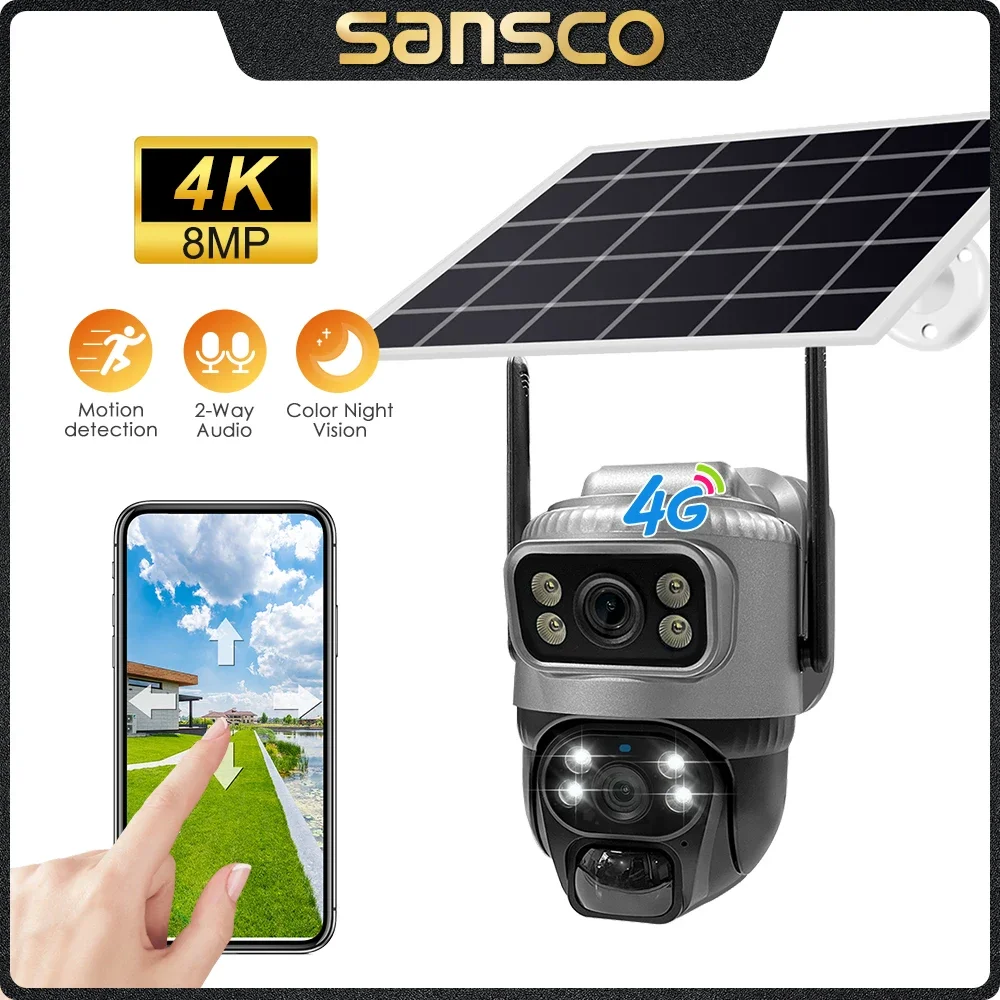 SANSCO 4K 8MP 4G Dual Lens WIFI Solar Camera Dual Screen Battery PIR Motion Detection Outdoor PTZ 2K Security IP Camera V380 PRO