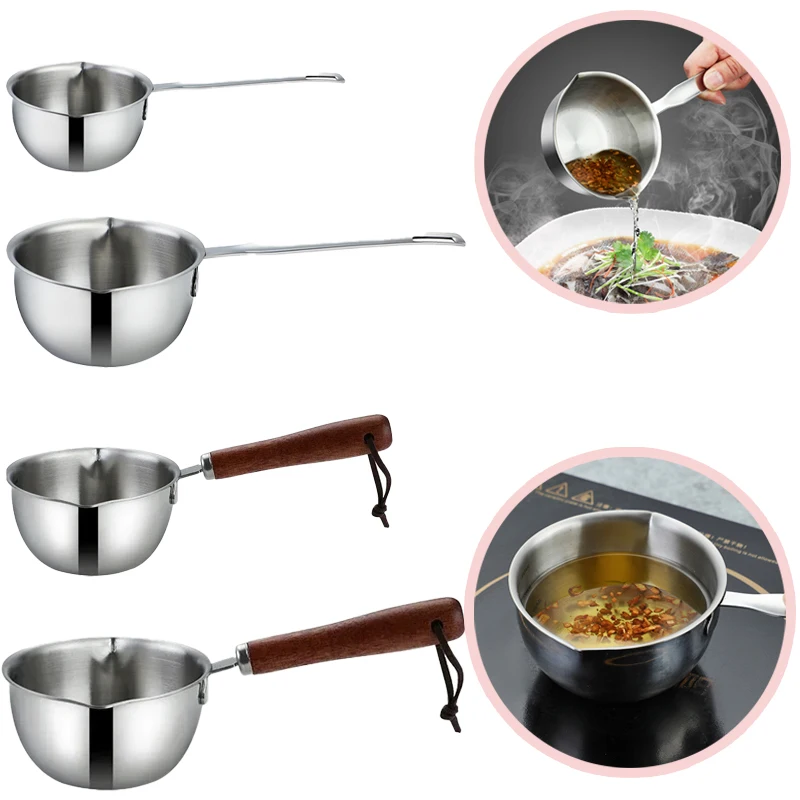 Oil Pot Stainless Steel with Wooden Handle 150/300ml Spilled Mini Soup Pot Scalding-proof Kitchen Tool Cook Accessories for Home