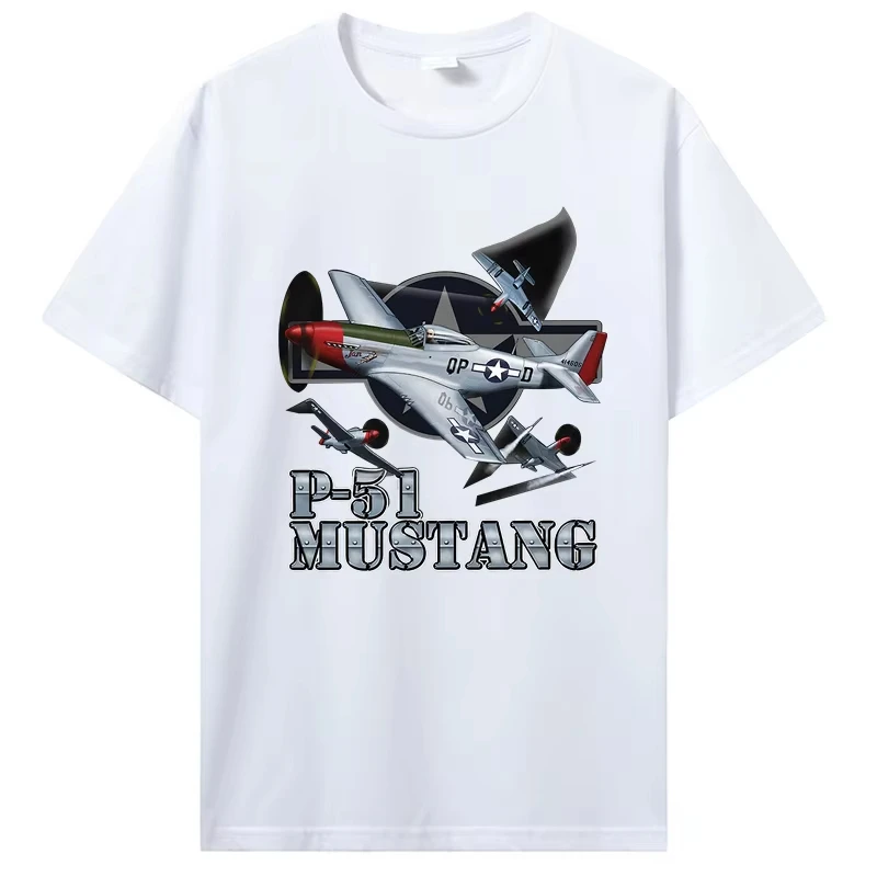 2026 P-51 Mustang Aircraft 1940's WW2 Fighter Plane Men's T-Shirt P51 Air Combat Scene Printed Cotton Rou