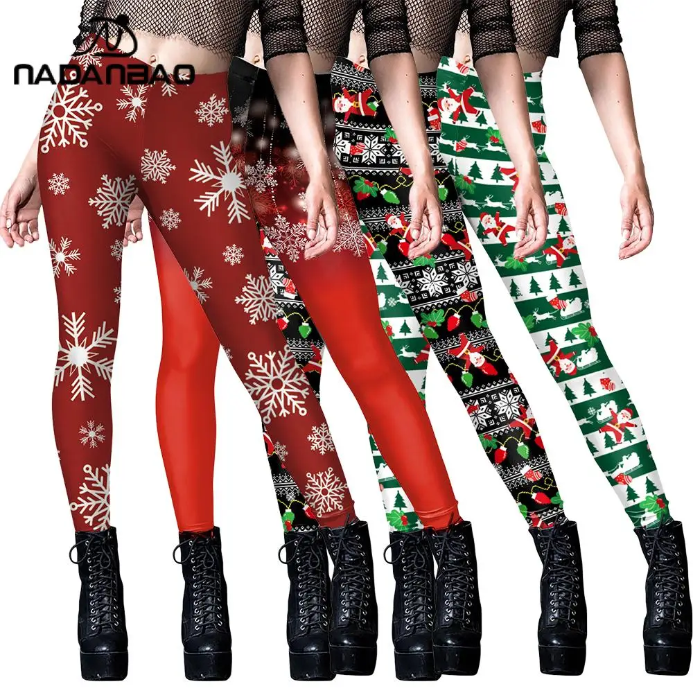 NADANBAO Elf Leggings Women Christmas Santa Claus Pants Snowflake 3D Digital Print Trousers Girls Sexy Tights Holiday Party Gift