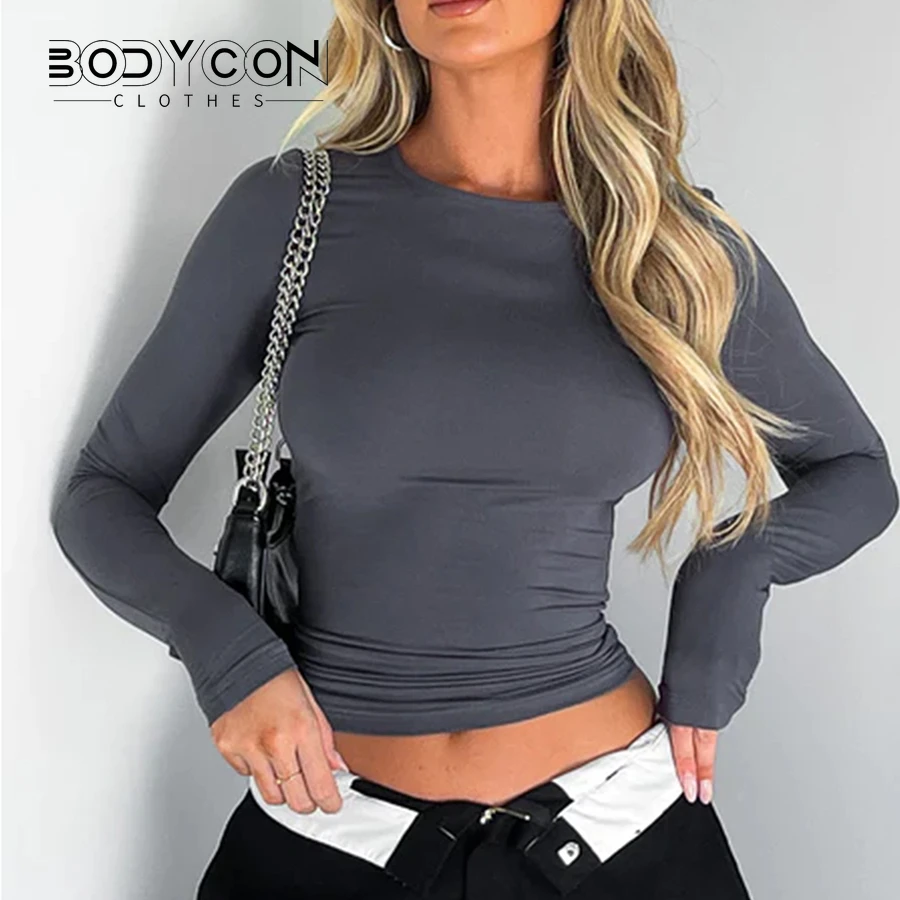 

Cropped Tees y2k Clothes For Women Solid Color O Neck Long Sleeve T Shirt 2000s Crop Tops Casual Streetwear