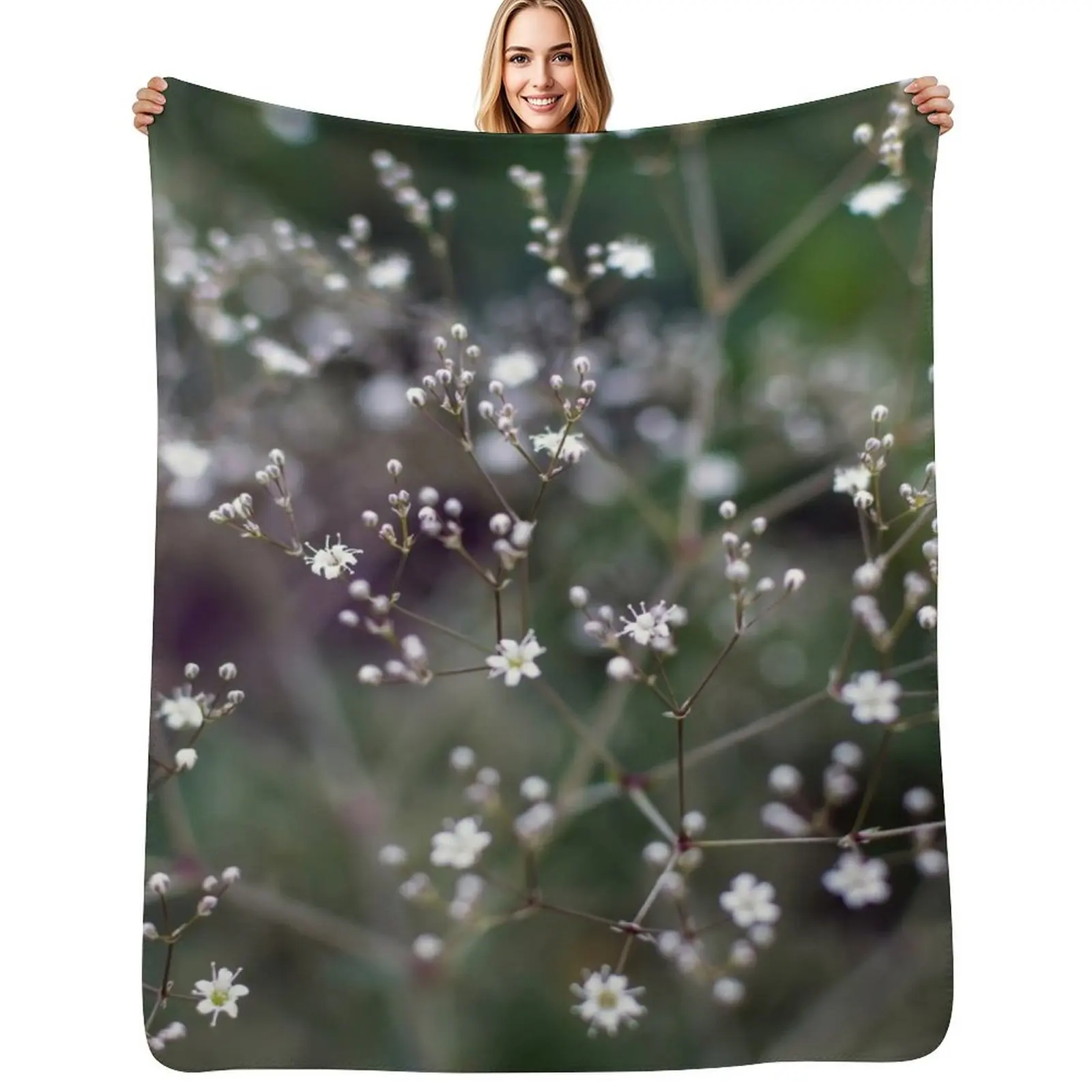 

White Baby's Breath (Gypsophila paniculata) flowers Throw Blanket Flannel Fabric Travel For Decorative Sofa Softest Blankets