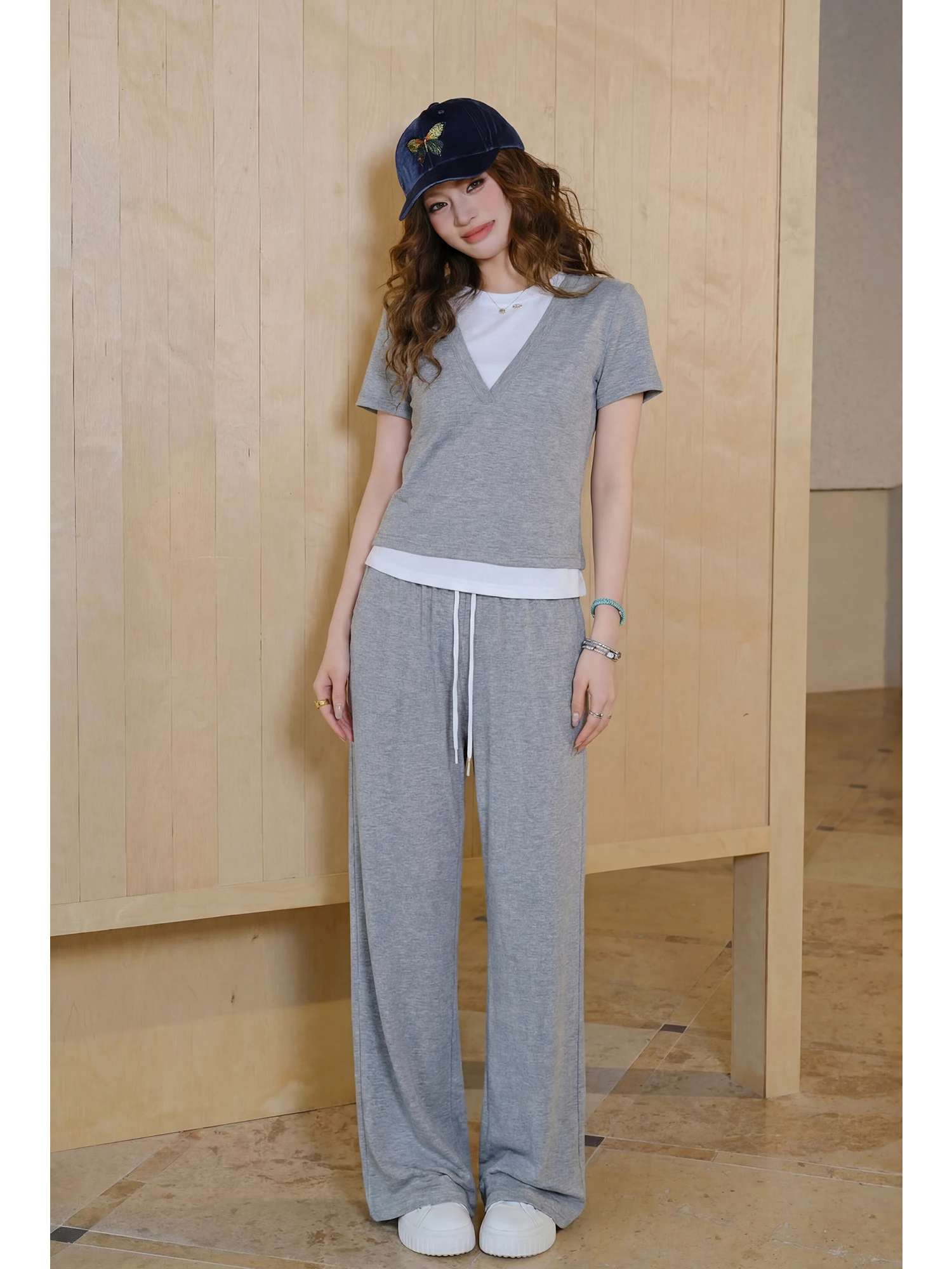 

MIUCO Korean Style Casual Short Sleeve T-Shirt Comfortable Lazy Feel Straight Leg Long Pants Women's Summer Fashion Set