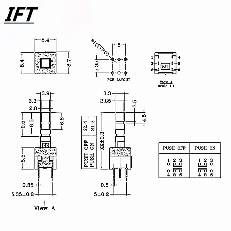 10pcs Free shopping 8.5*8.5 mm 6 Pin Mini Self-locking/Momentary Push Button Switch DIP DPDT Multimeter switch