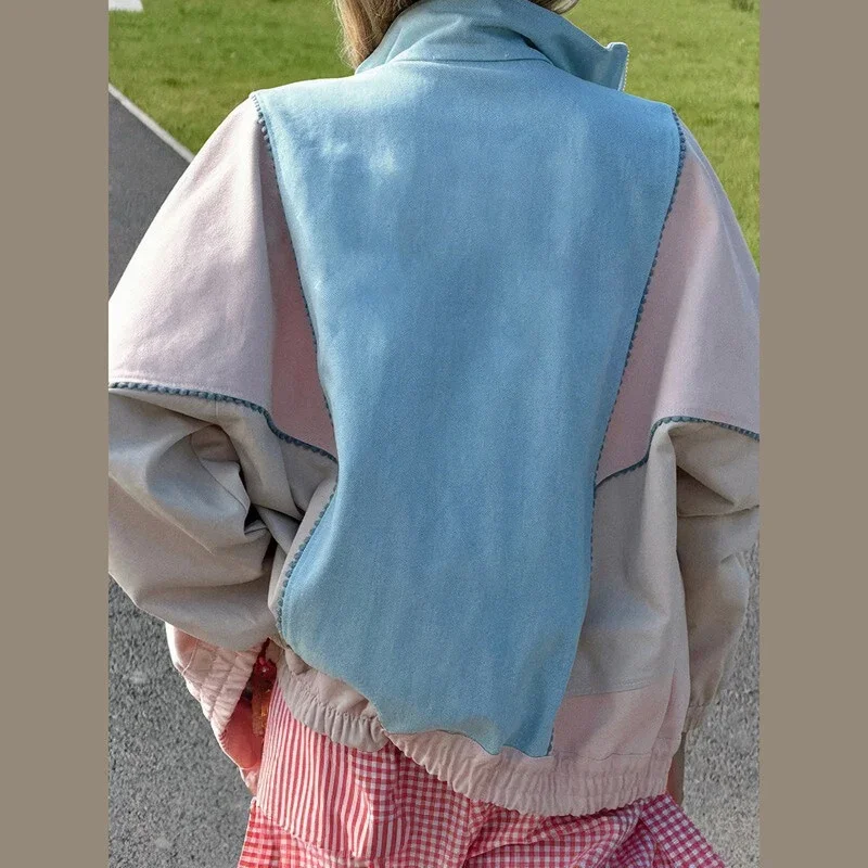 Y2K Damenjacken Mantel mit Streifenbesatz Stehkragen Reißverschluss Oversize Windbreaker Locker Sitzende Streetwear Sportjacke Oberbekleidung Outfit – Detail 27