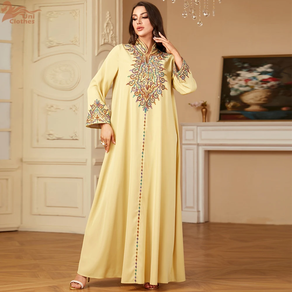 Uni Embroidery V-Neck Long Dress Dubai Arab Abaya For Muslim Woman Loose Moroccan Saudi Ethnic Jalabiya Fashion Robe 2024