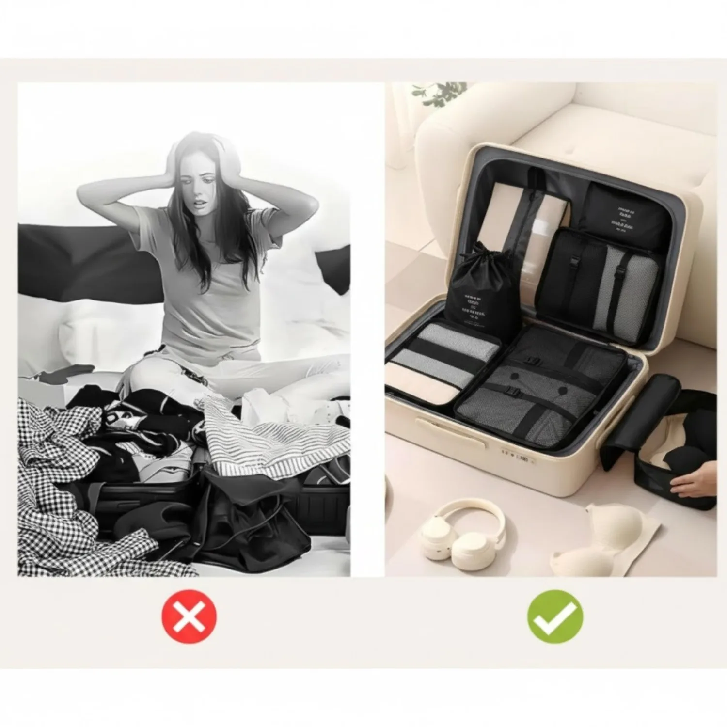 Large & Small 2-Pack Packing Cubes - Lightweight Black Travel Organizers with Buckle Straps for Clothes & Toiletries
