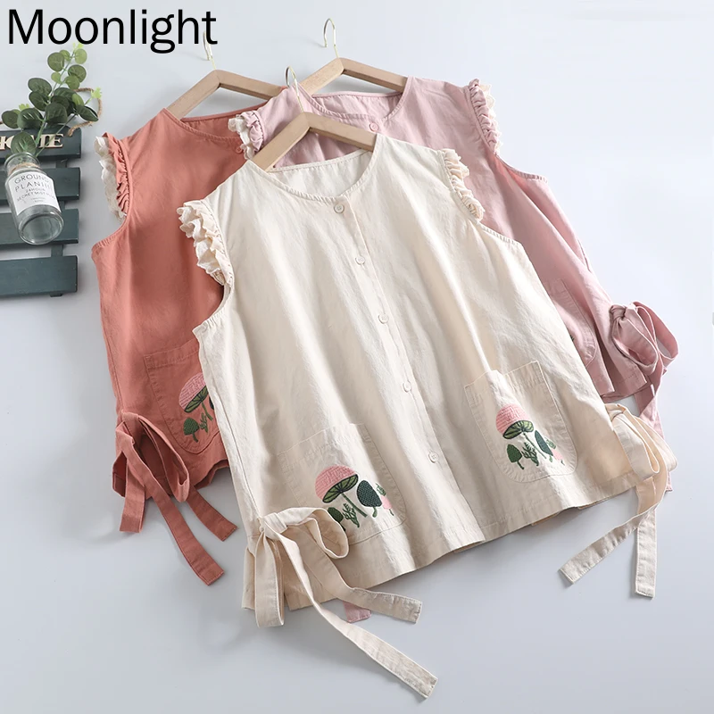 Vintage Embroidered Vest Women O-neck Ruffle Patchwork Pockets Sleeveless Top Japan Sweet Mori Girl Single Breasted Vests Coat