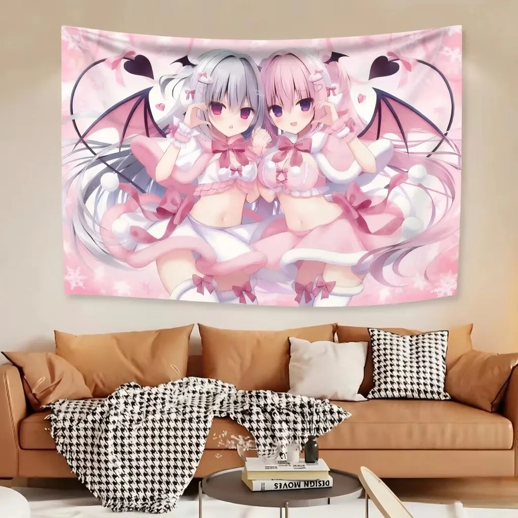 Kawaii Pink Succubus Twins Pastel Tapestry, Cute Demon Girl Anime Wall Hanging Decor for Bedroom Dorm Room Aesthetic Gift