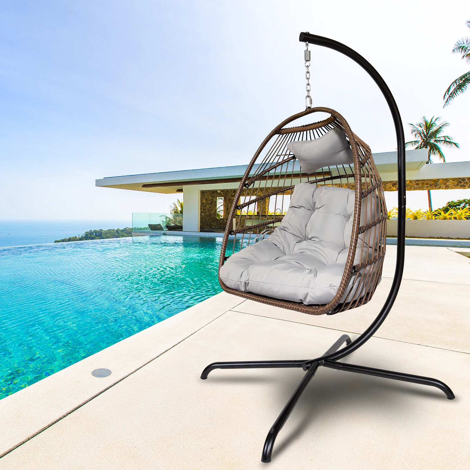 Swing Egg Chair with Stand Indoor Outdoor Wicker Rattan Patio Basket Hanging Chair with C Type Bracket ,Patio Hanging Chair