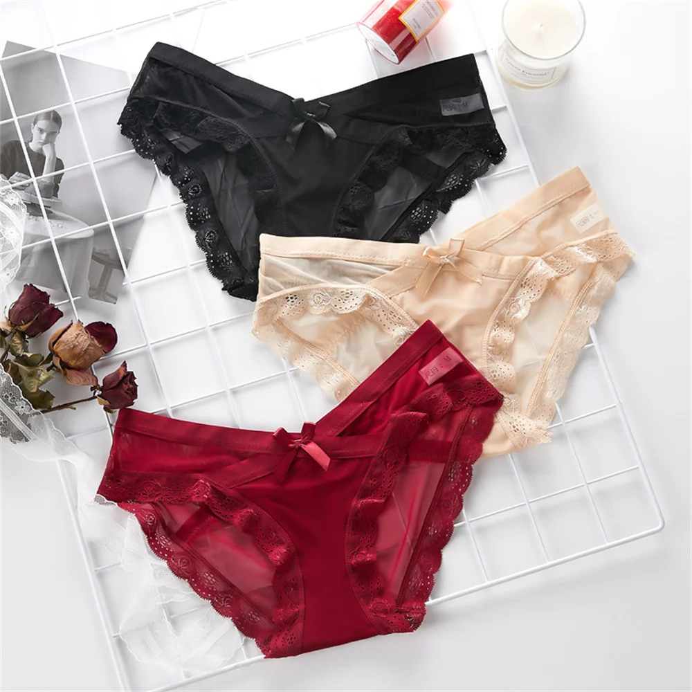 Ultra-thin Women's Underwear Sexy Lace Panties Women's Summer Pure Cotton Briefs Non-marking Mesh Low Waist Large Size Girl Bow