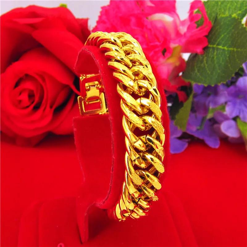 Pure  Gold Color 12mm Men\'s Bracelet, 24K Gold Filled Link Chain Heavy Bangle Bracelets for Men 19.5cm,Wholesale Fashion Jewelry