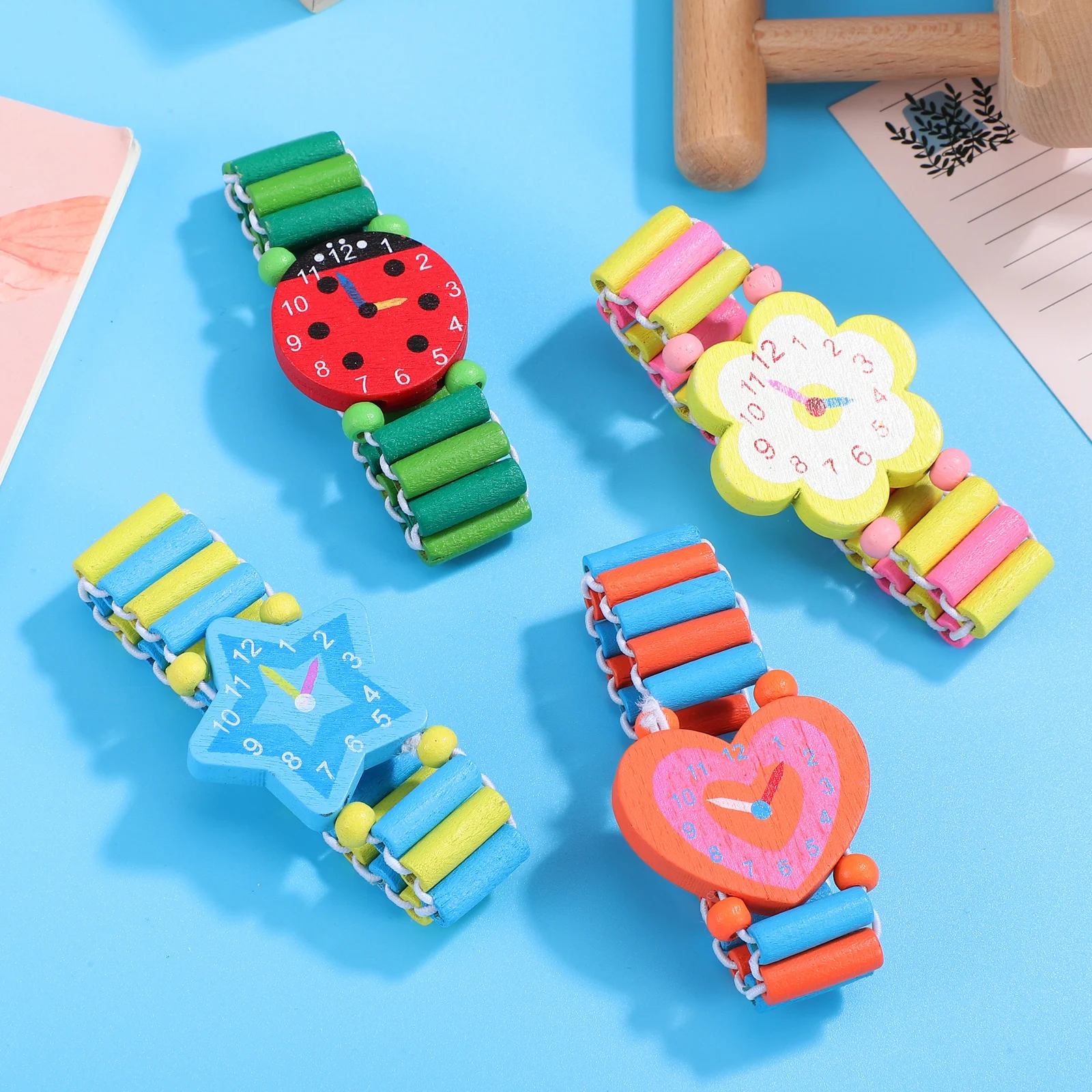 Creative Wooden Watch 4pcs Set Cartoon Wristband Time Learning Game Jewelry Gift for Party Favors