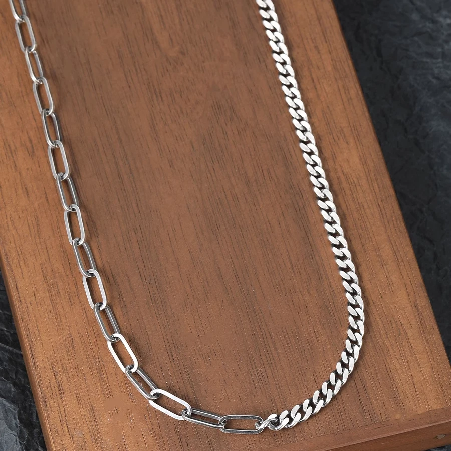 S925 sterling silver hip hop stitching Cuban chain trendy men niche design OT buckle woven pure necklace sweater chain women