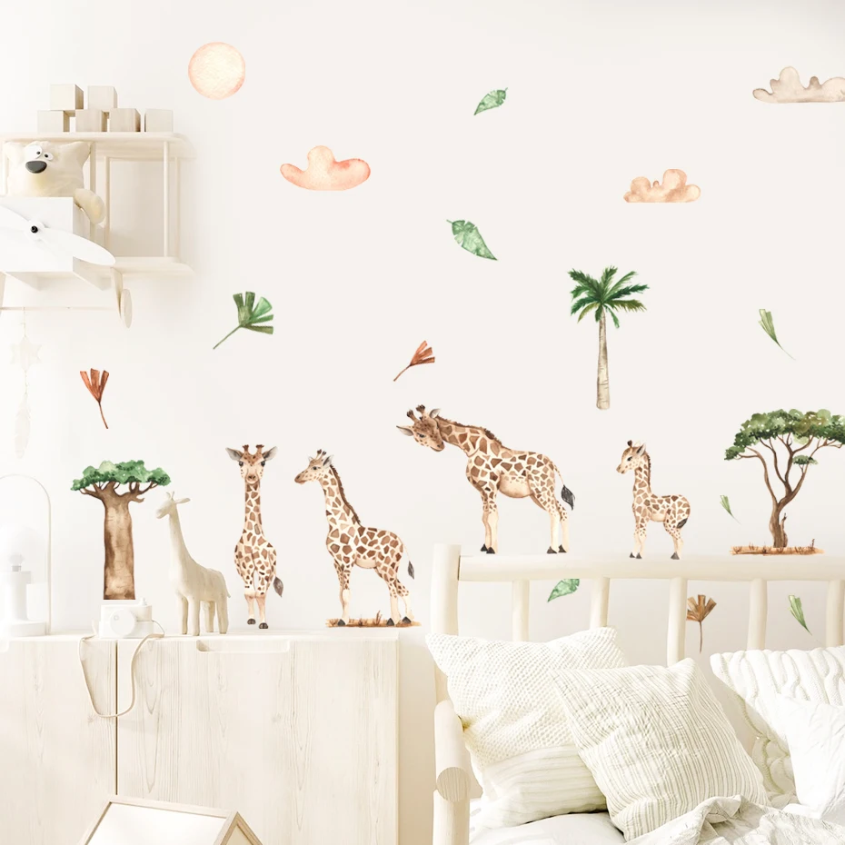 Africa Giraffe Forest Animals Trees Nursery Wall Sticker Vinyl Removable Watercolor Wall Decals Kids Room Interior Home Decor