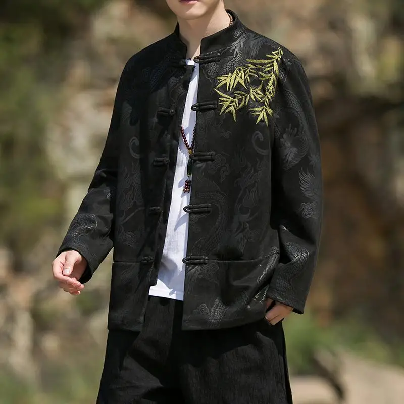 

Youth Suede Jaet Men's Embroidered Button up Spring Autumn Chinese Sle Traditional Outerwear Breathable Long Sl...