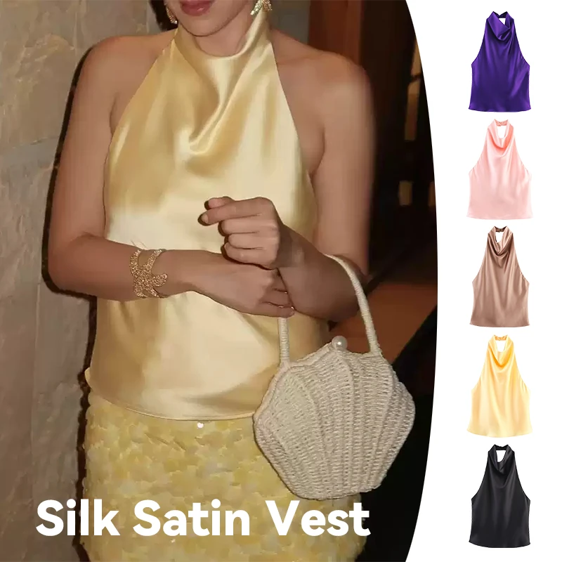 

Chic Satin Backless Women Halter Tops Elegant Sleeveless Slim Vest 2025 Fashion Summer New Party Waistcoat Women's Clothing 2025