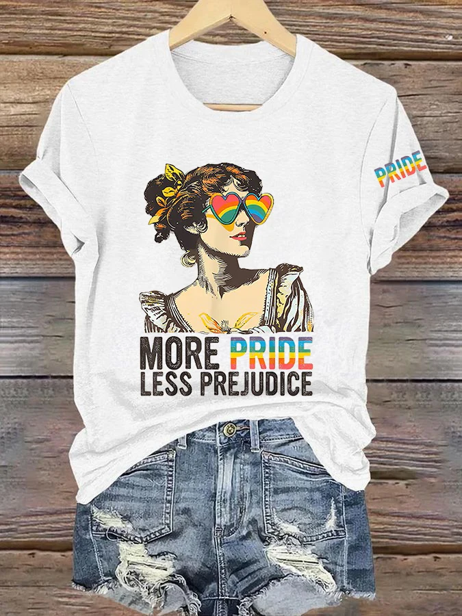 ilstile Women's More Pride Less Prejudice T-Shirt Vintage Rainbow LGBTQ+ Graphic Tee Casual Short Sleeve  Pride Month Tops
