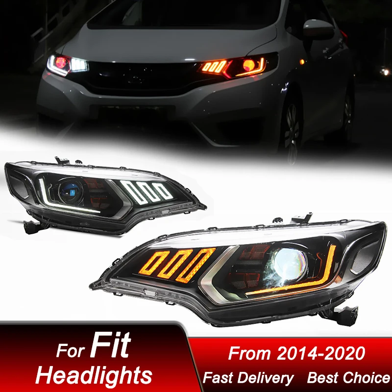 Car Headlights For Honda Fit GK5 14-20 to mustang style full LED Assembly Upgrade High Configure Projector Lens Accessories Kit