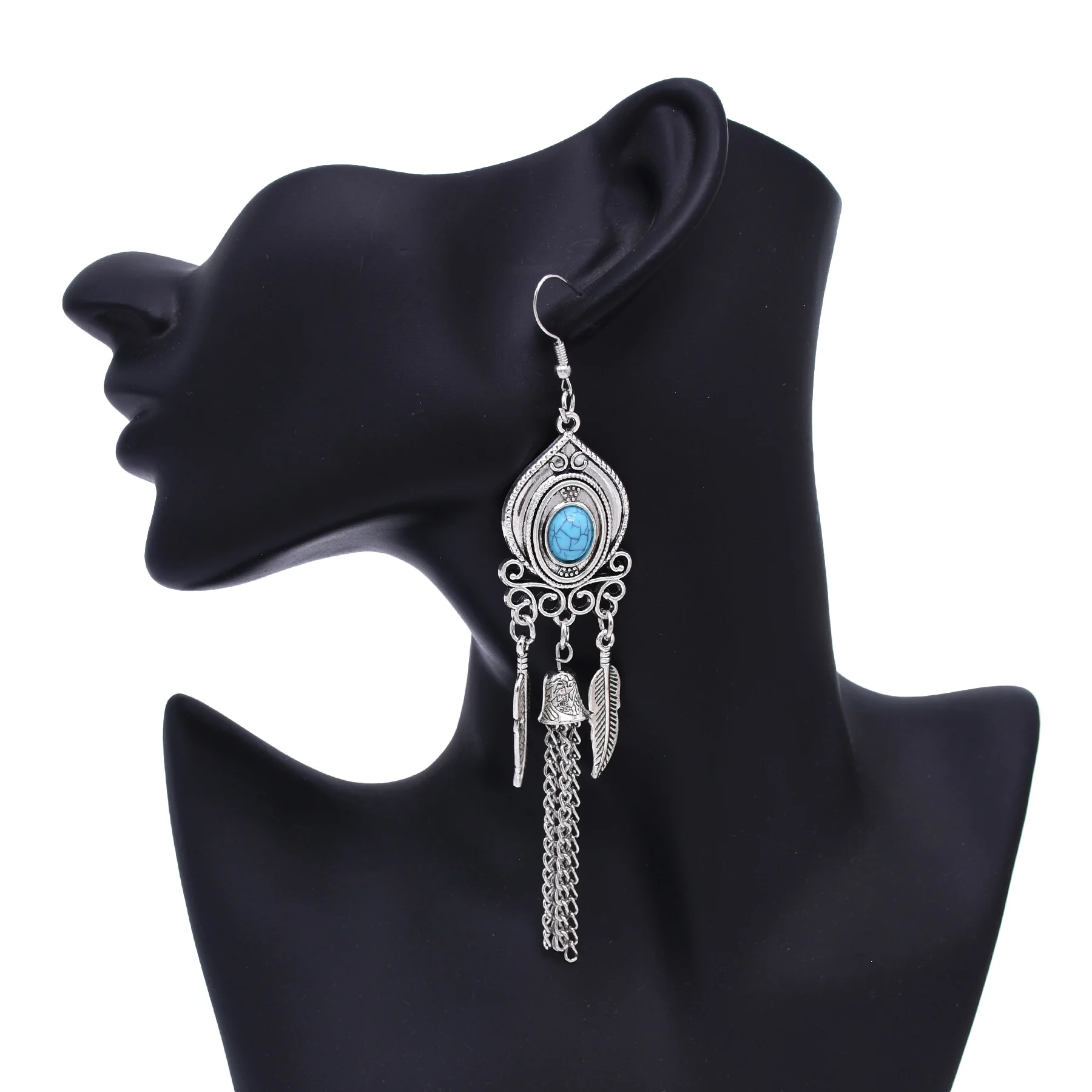 Bohemian Ethnic Turquoise Earrings Necklace For Women Retro Silver Plated Geometric Carved Party Tassel Jewelry Set Travel Gift