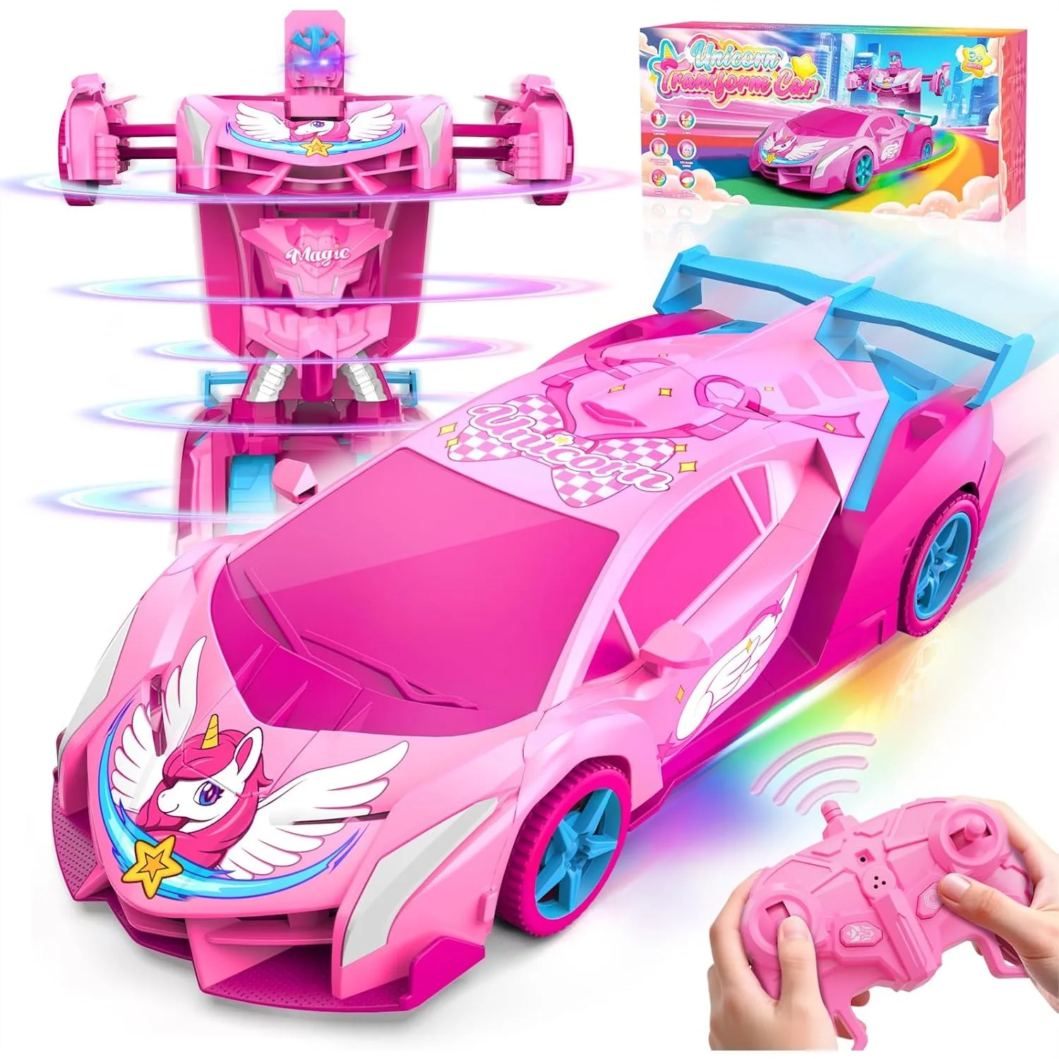 

Unicorn Transform RC Car For Girls With Rainbow Eyes And Underbody Lights Fast 360 Rotation 2.4GHz Robot Remote Control Car One Button Deformation Kids Toys Birthday Gifts For 3-12 Year Old Girls