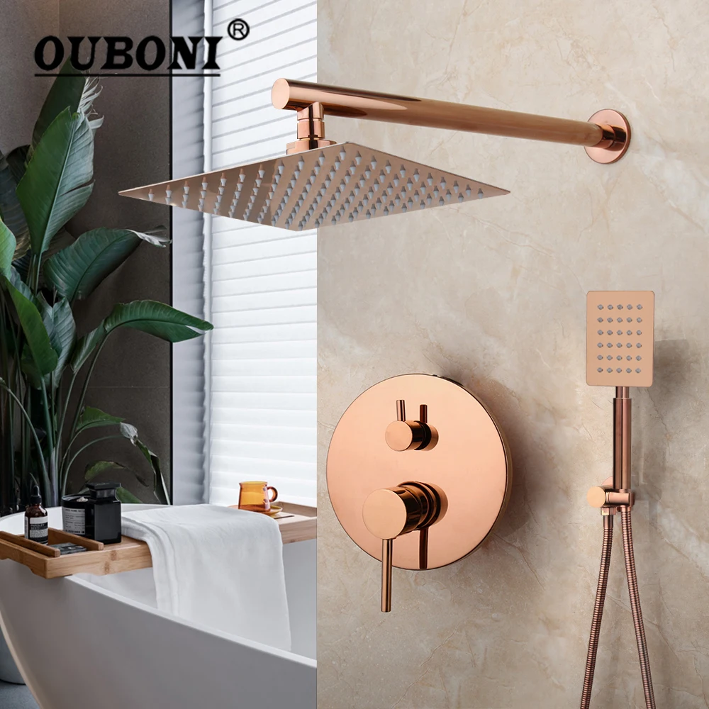 

Розово-золотистый смеситель для душа Monite с дождевой насадкой розового и золотого цвета, набор для ванной комнаты, смеситель для душа с ручным смесителем и спреем для ванны