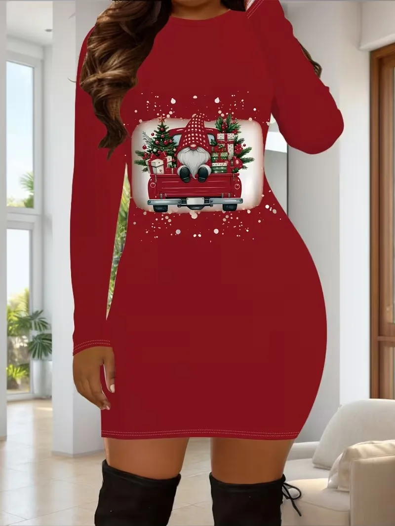 New Year's Christmas ladies' long sleeved tight fitting dress, 3D exquisite printed cute and sweet party women's clothing