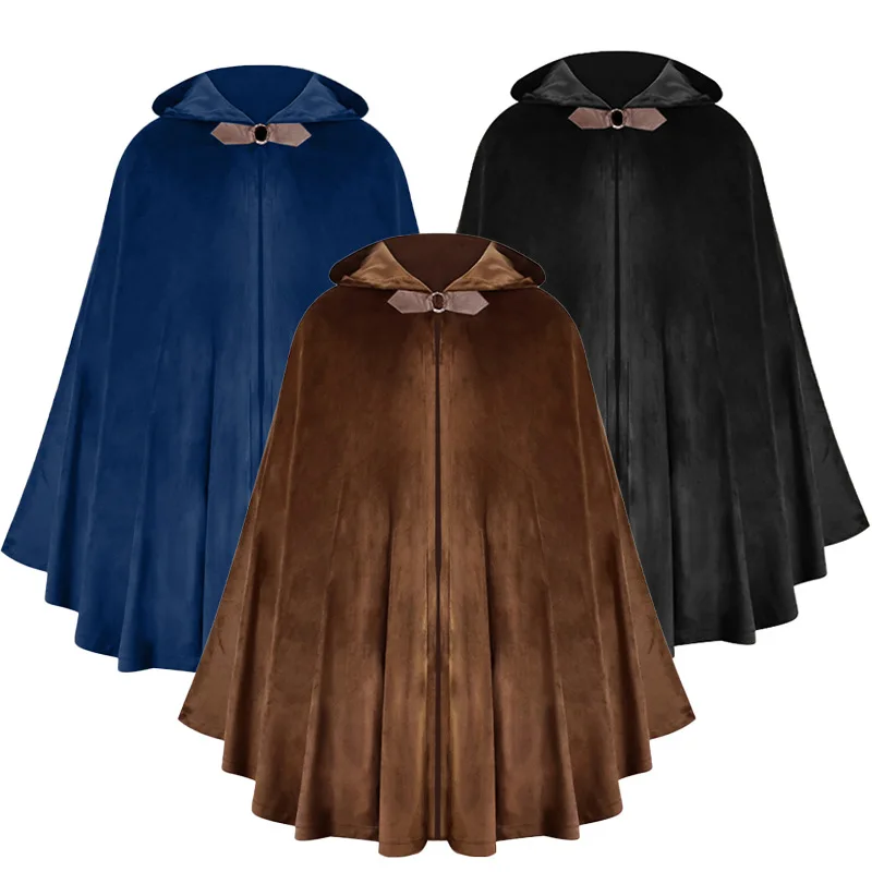 Men's Velvet Cloak with Hood, Renaissance Medieval Hooded Cloak for Women, Halloween Hood Cape with Metal Loop Clasp