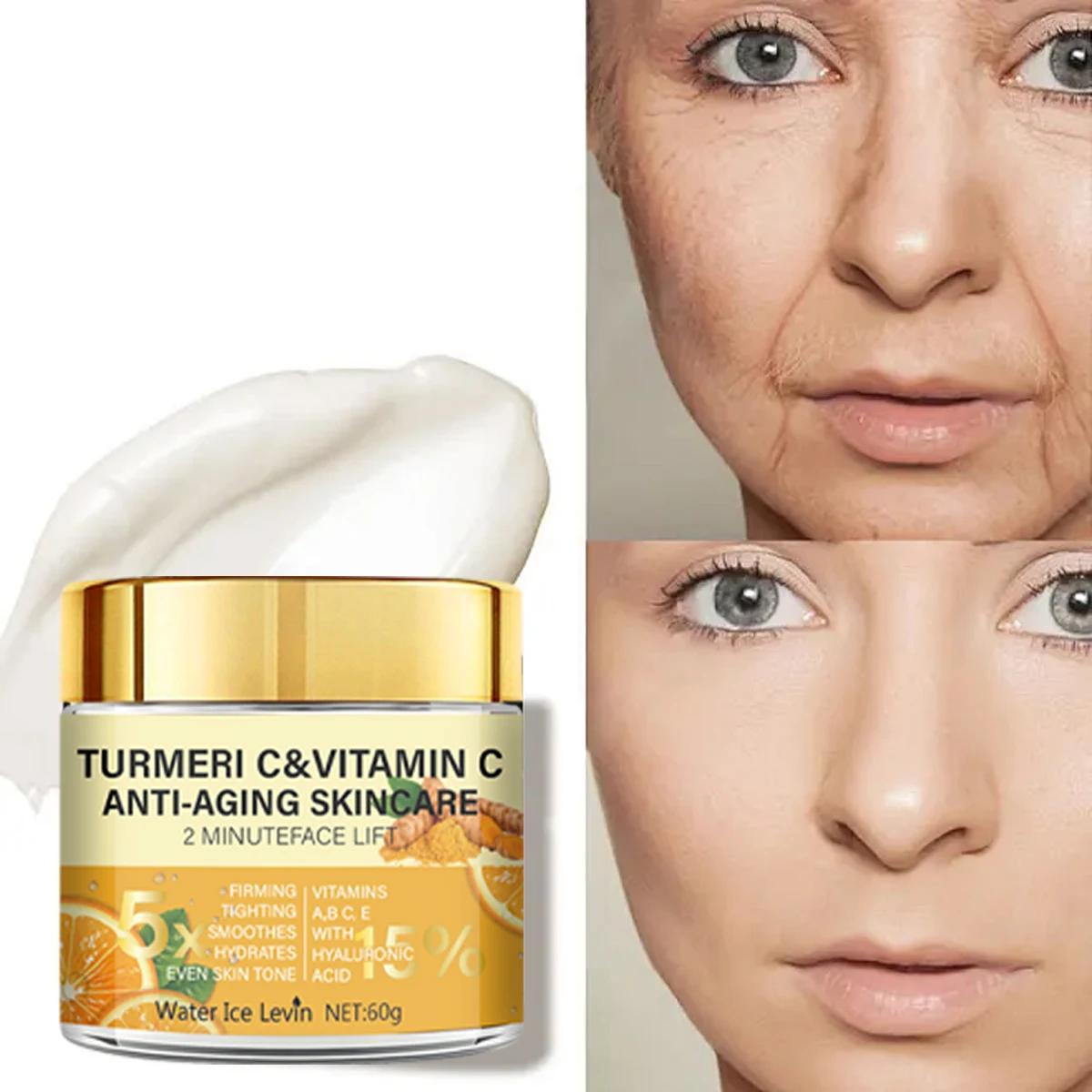 Crema Facial con Cúrcuma y Vitamina C, con Niacinamida y Ácido Hialurónico – Reafirmante Levantadora Alisadora Hidratante Uniforme del Tono de la Piel 60g