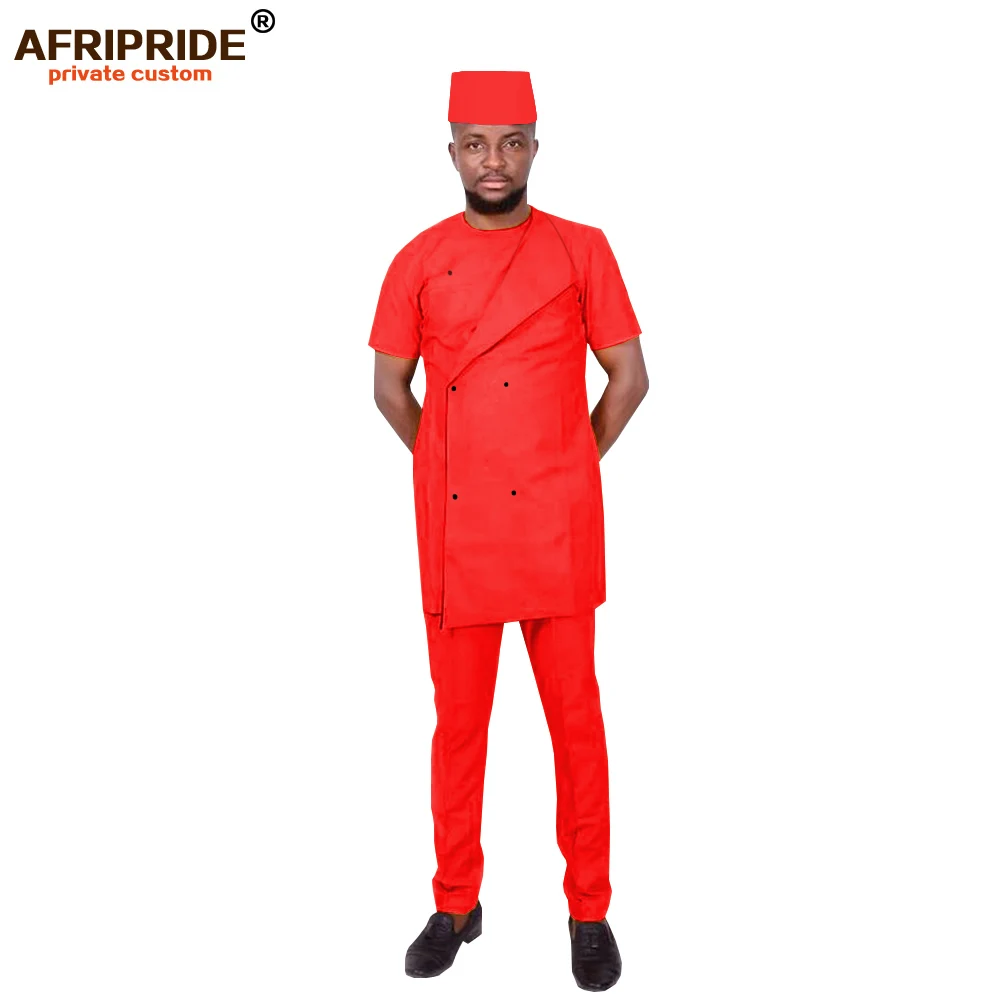 2022 African Men Clothing Traditional Set Dashiki Outfit Short Sleeve Coat Pants Tribal Hat Tracksuit Wax AFRIPRIDE A1916023