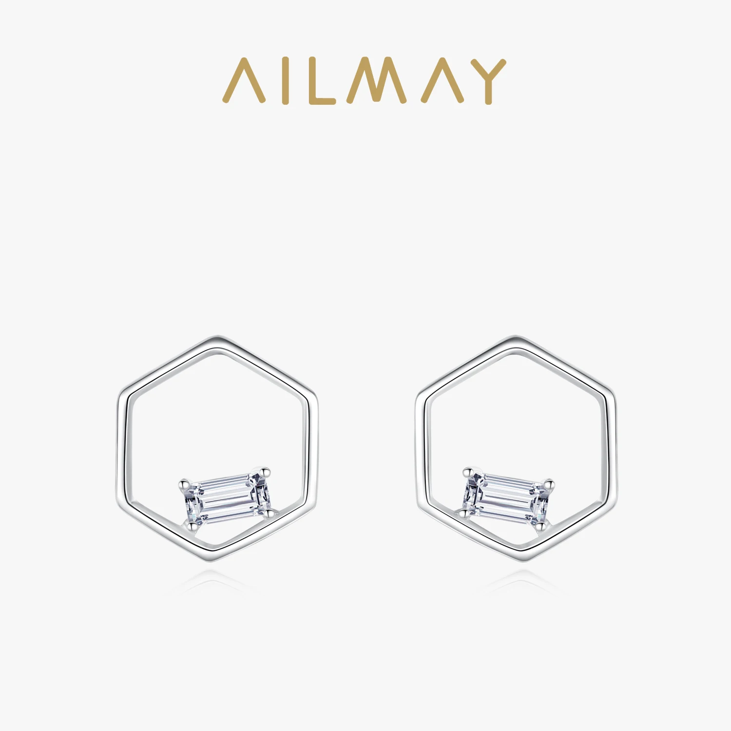 Ailmay 925 Sterling Silver Simple Geometric Polygon Line Fashionc Earrings Clear CZ For Women Girls Party Accessories Jewelry