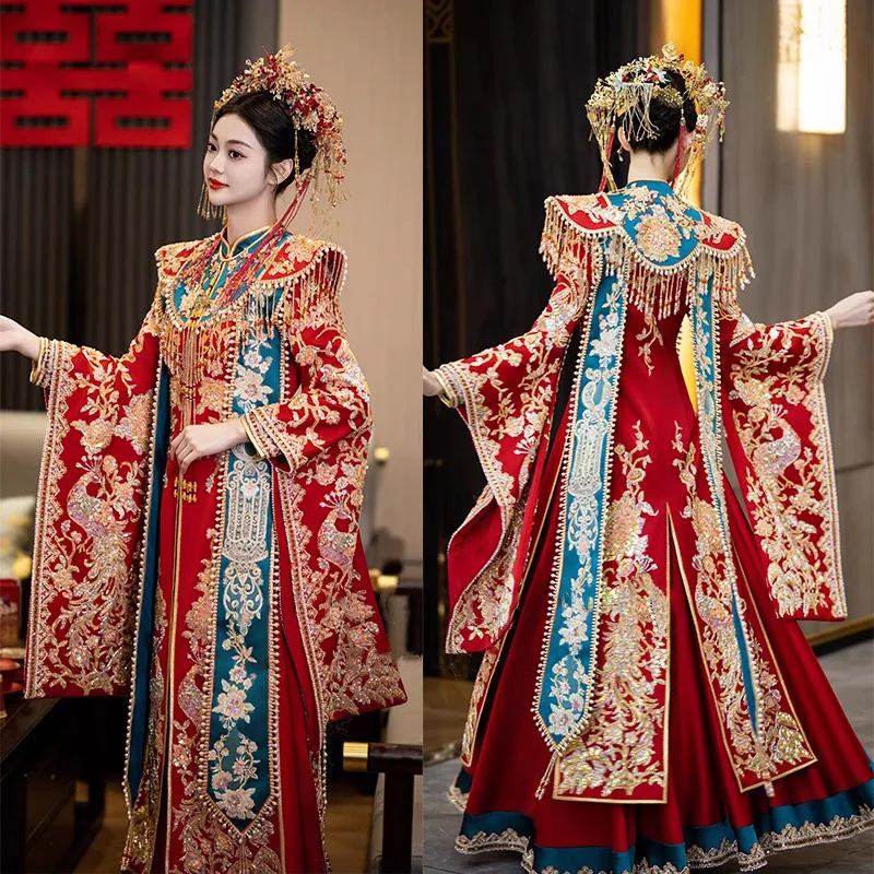 

Роскошное свадебное платье Xiuhe, новинка 2025, китайское свадебное платье для тяжелой промышленности, пальто с драконом и фениксом, свадебное платье Qipao