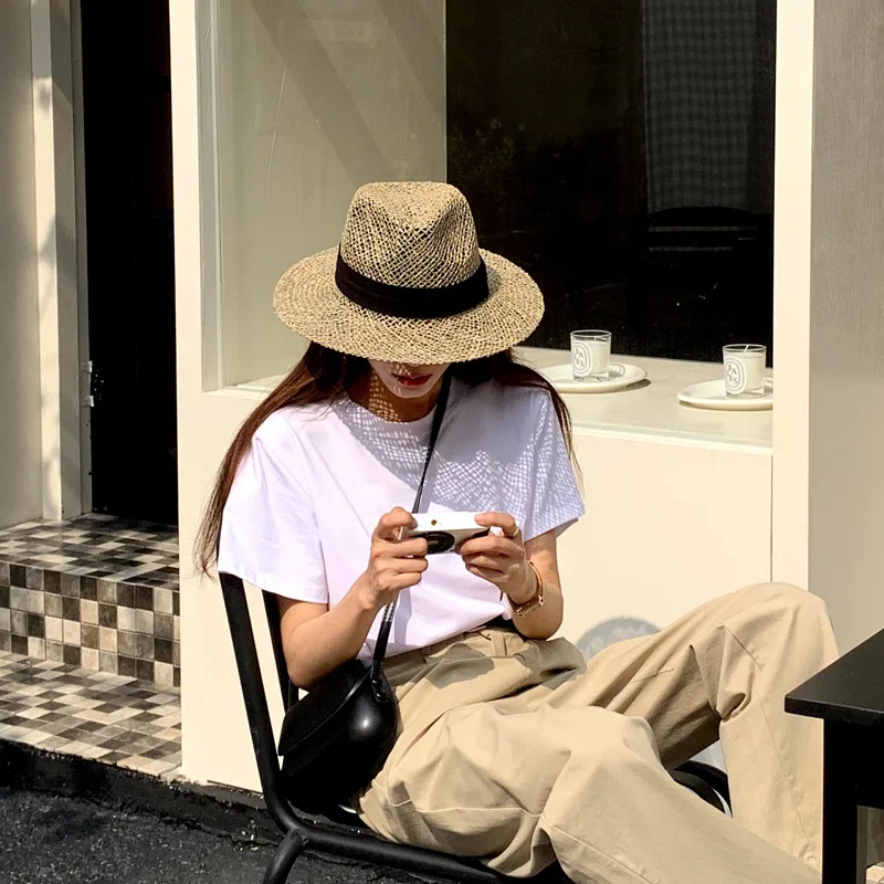 

New Hat Hollow Straw Hat Women's French Vacation Seaside Beach Sunshade Denim Grass Woven Top Hat Tide