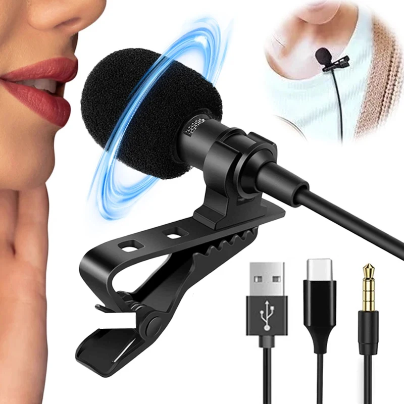 

Portable 1.5m Lavalier Mini Microphone Condenser Clip-on Lapel Mic Wired USB 3.5mm Type-C Microfon For Phone for Mac Laptop PC
