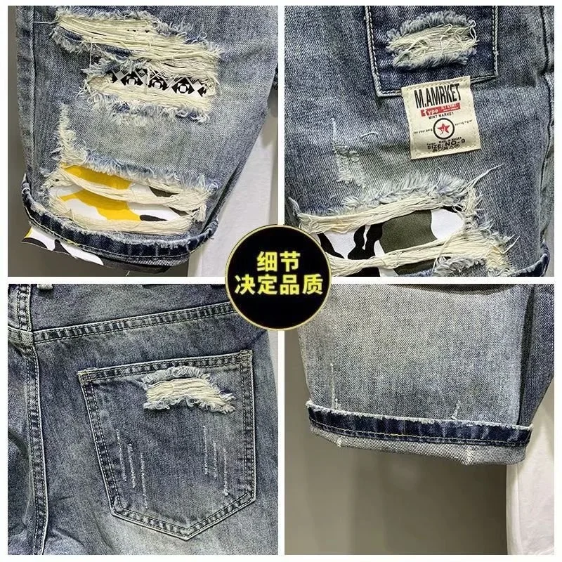 Men Summer Print Hole Torn Denim Shorts Korean Fashion Casual Five Piece Jeans Shorts