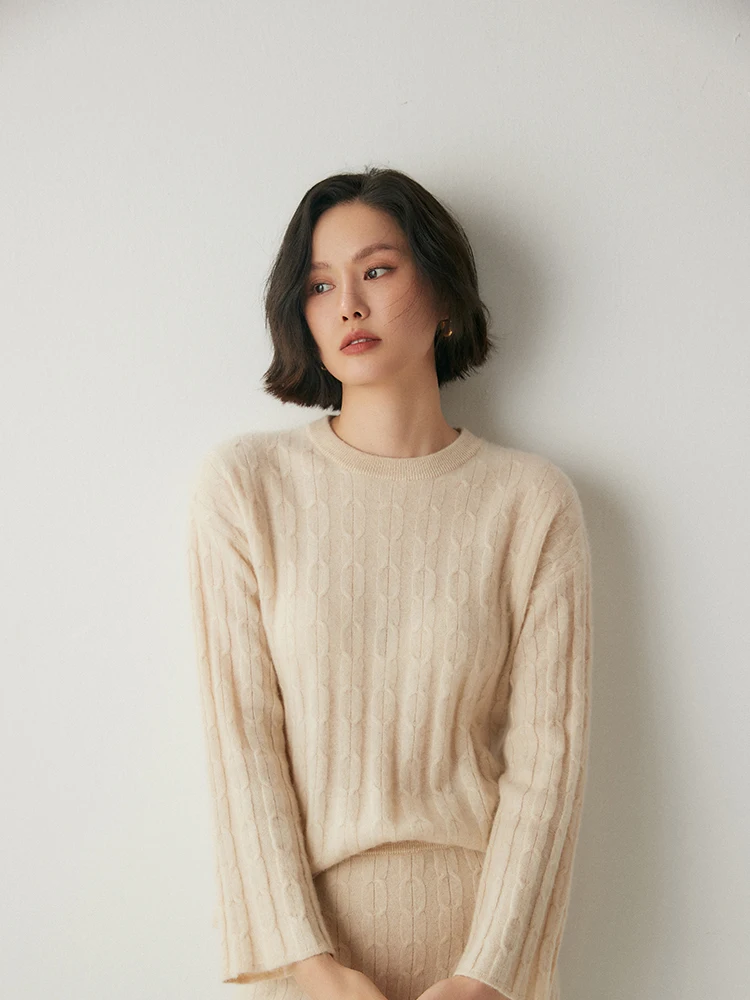 Autumn Winter 100% Cashmere Sweater Luxury Women's Two Pieces Set Cashmere Pullover Skirt Set Twist Flower Office Lady Knitwear