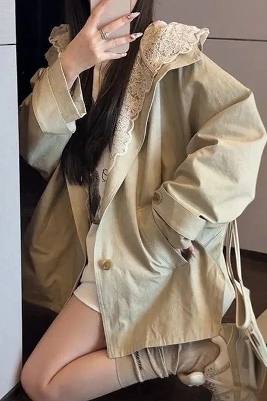 

Trench Coat Short Autumn New Women'S Clothing Smooths Silhouette Irregular Windbreaks Joint A-Line Korea Environmentalerial Ins