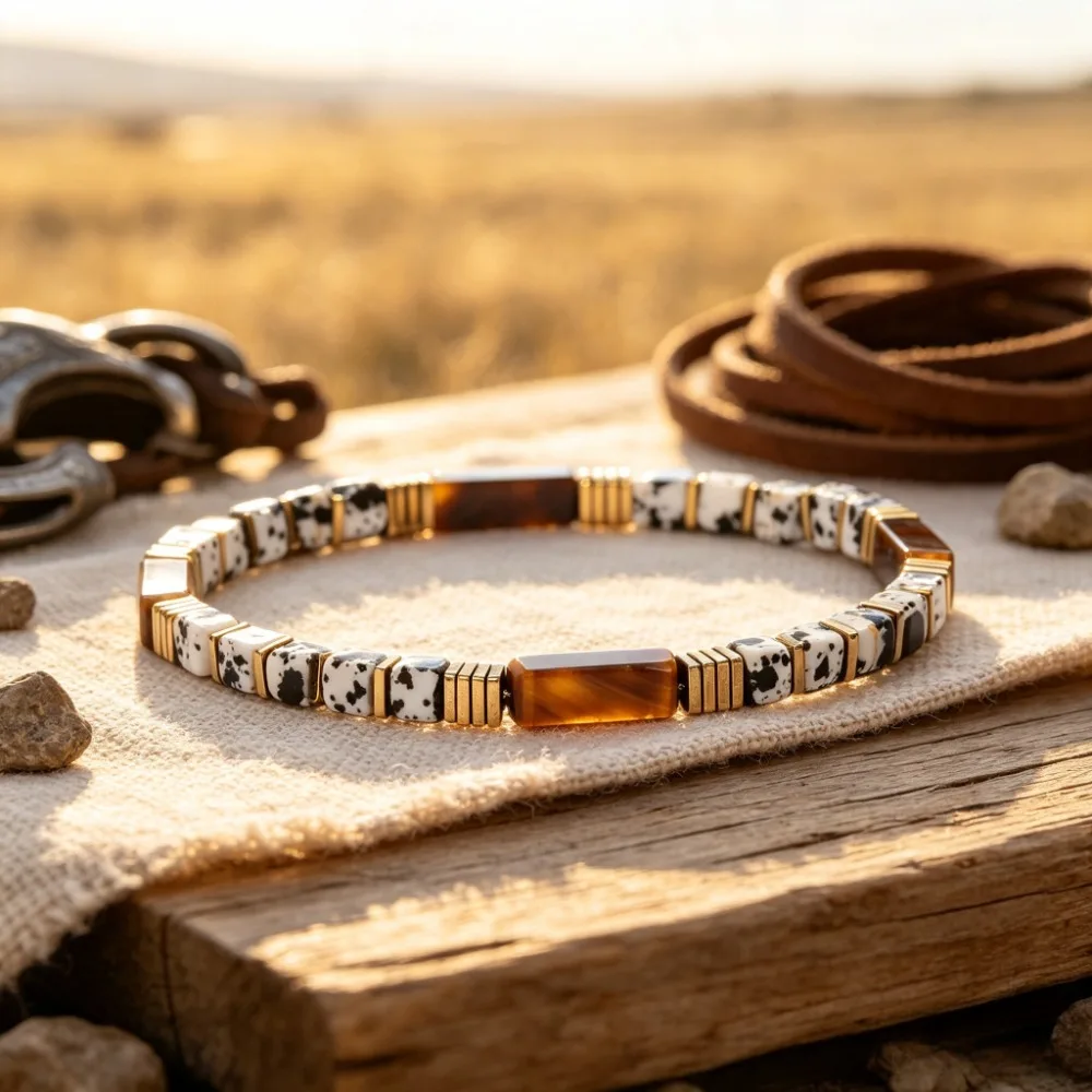 Natural Dalmatian Jasper And Tiger Eye Beaded Bracelet Vintage Western Cowboy Freedom Stone Bracelet Versatile Daily Men Jewelry