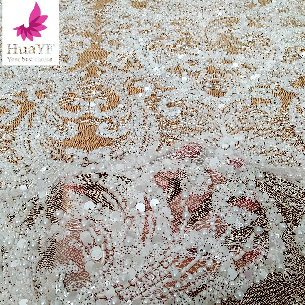 

1 Yard Newest French Pure White Chantilly Beaded Sequins Lace Wedding Bridal Dress African Fabric Design HY3158
