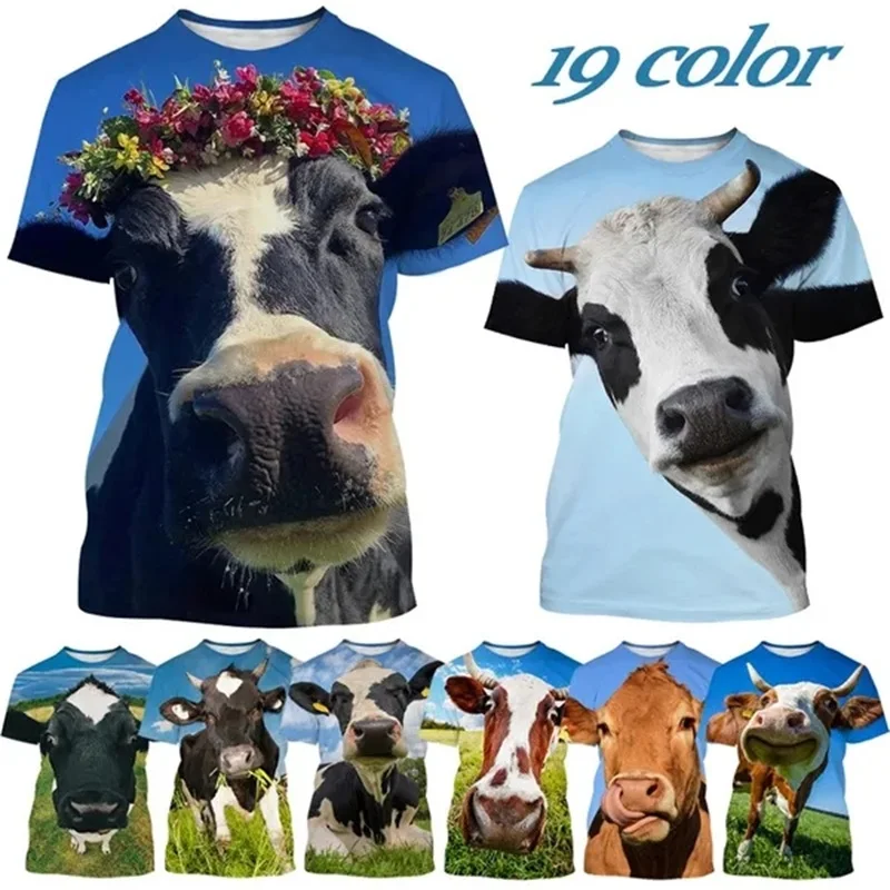 3D Printing Cow Animal Graphic T Shirts Men Women Funny Retro Short Sleeve T-Shirt O-Neck Full Print Idyllic Tee Tops Streetwear