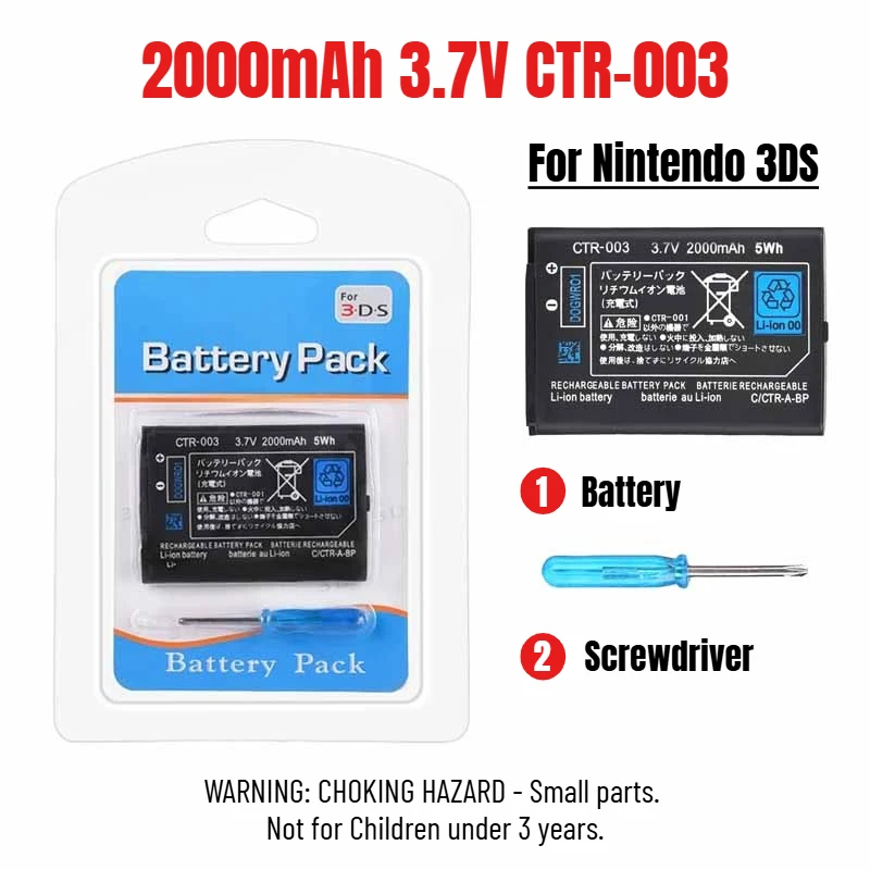 2000mAh 3.7V CTR-003 Rechargeable Lithium Battery Pack for Nintendo 3DS 2DS 2DS XL with Screwdriver Accessories Tool Batteria