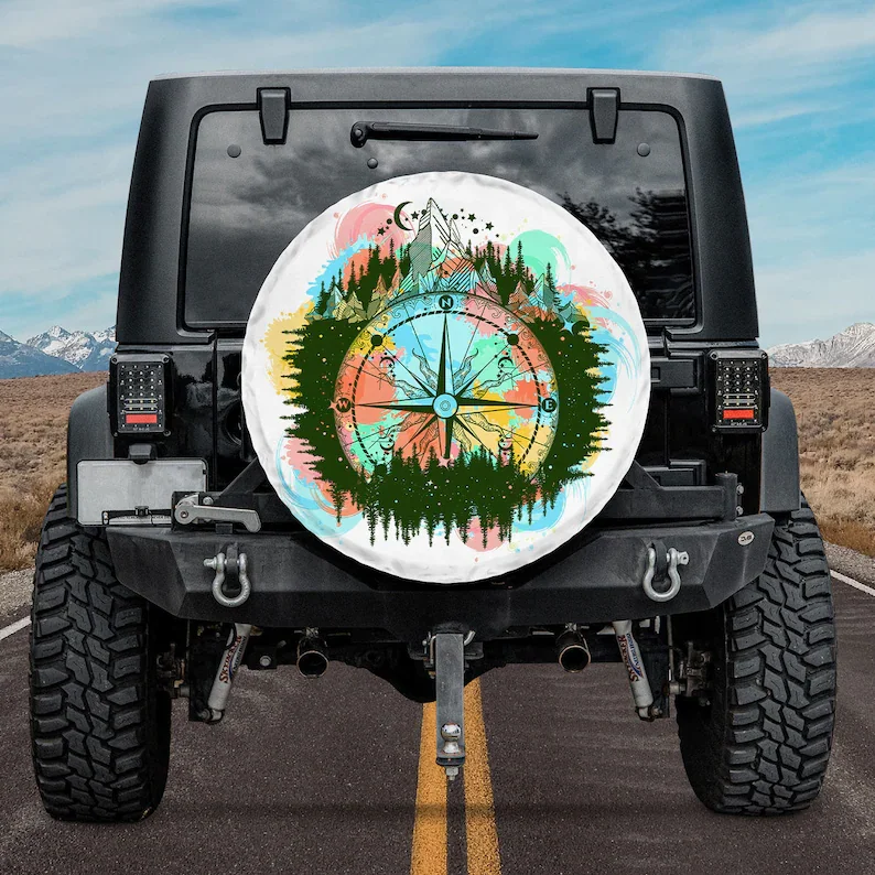 Mountain Antique Compass And Wind Rose Spare Tire Cover Camper, Camping Truck Tire Cover, Halloween Gift, Fast Shipping, Father